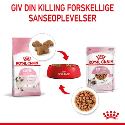 Royal Canin Kitten tørfoder og vådfoder, begge til killinger op til 12 måneder. Tekst: Giv din killing forskellige sanseoplevelser. Rød foderskål med foder vises.