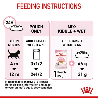 Feeding instructions for 4 to 12 month kittens: pouch only, 3.5 to 2.5 pouches daily; mix of 1 pouch plus 46g to 31g kibble for adult target weight 4kg. Energy: 916 kcal/kg.