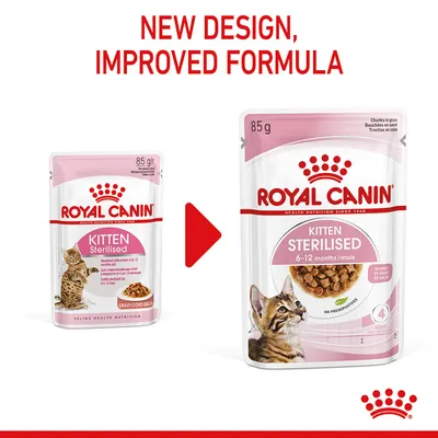 Comparison of old and new packaging for sterilised kitten food, highlighting new design and improved formula. New pack states 6-12 months, in gravy, no preservatives.
