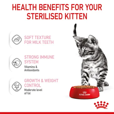 Health benefits for sterilised kitten: soft texture for milk teeth, strong immune system with vitamins and antioxidants, growth and weight control with moderate fat level.