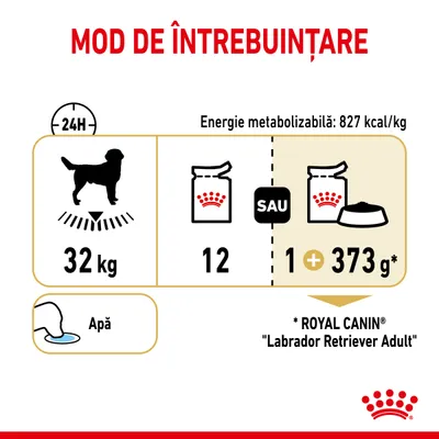 Instrucțiuni de hrănire: câine 32 kg, 12 conserve sau 1 conservă plus 373 g hrană uscată pe zi. Energie metabolizabilă: 827 kcal/kg. Apă. ROYAL CANIN Labrador Retriever Adult.