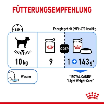 Fütterungsempfehlung für einen Hund mit 10 kg: 9 Beutel oder 1 Beutel plus 143 g Trockenfutter. Energiegehalt (ME): 670 kcal/kg. Wasser bereitstellen. Royal Canin Light Weight Care.