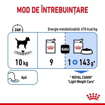 Instrucțiuni de hrănire pentru câine de 10 kg: 9 plicuri sau 1 plic plus 143 g hrană uscată Royal Canin Light Weight Care. Energie metabolizabilă: 670 kcal/kg. Apă proaspătă.