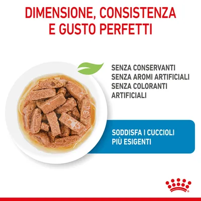 Dimensione, consistenza e gusto perfetti. Senza conservanti, aromi o coloranti artificiali. Soddisfa i cuccioli più esigenti. Immagine di bocconcini in salsa in una ciotola.