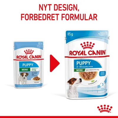 ROYAL CANIN PUPPY MINI 85 g, nyt design og forbedret formular. Til hundehvalpe op til 10 kg. Ny emballage viser '2–10 months/mois', 'in gravy/en sauce', billede af hvalp og foder.
