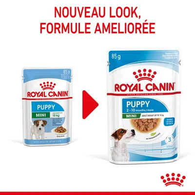 Comparaison d’anciens et nouveaux sachets Royal Canin Puppy Mini 85 g, nouveau look, formule améliorée, pour chiots 2–10 mois, poids adulte jusqu’à 10 kg, en sauce.