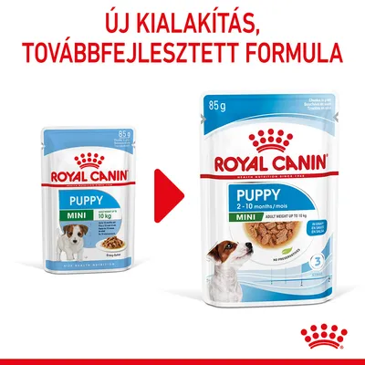 Royal Canin Puppy Mini 85 g régi és új csomagolás, felül: Új kialakítás, továbbfejlesztett formula. Új csomagon: 2–10 months/mois, adult weight up to 10 kg, in gravy, no preservatives.