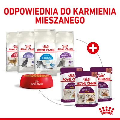 Royal Canin Fit, Sterilised, Indoor 27, Sensible – karmy suche dla kotów oraz Sensory Smell, Taste, Feel – karmy mokre. Miska z karmą. Napis: Odpowiednia do karmienia mieszanego.