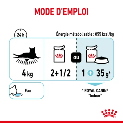 Mode d’emploi pour chat de 4 kg : 2+1/2 sachets ou 1 sachet + 35 g de croquettes ROYAL CANIN Indoor par jour, eau à disposition. Énergie métabolisable : 855 kcal/kg.