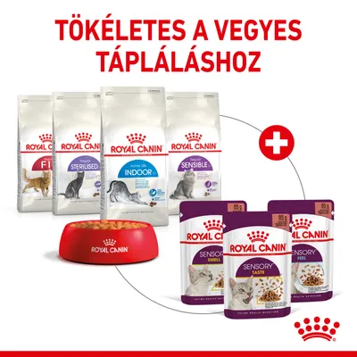 Royal Canin Fit, Sterilised, Indoor, Sensible száraz macskaeledelek és Sensory Smell, Taste, Feel 85 g nedves tasakok, piros tál, felül: Tökéletes a vegyes tápláláshoz