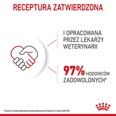 Receptura zatwierdzona i opracowana przez lekarzy weterynarii. 97% hodowców zadowolonych. *W oparciu o ankietę z lat 2020–2021.