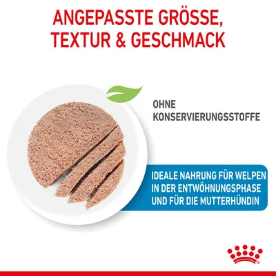 Texte en allemand : 'Angepasste Größe, Textur & Geschmack', 'Ohne Konservierungsstoffe', 'Ideale Nahrung für Welpen in der Entwöhnungsphase und für die Mutterhündin'.