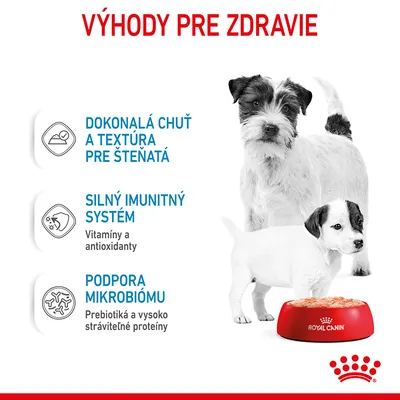 Výhody pre zdravie: dokonalá chuť a textúra pre šteňatá, silný imunitný systém – vitamíny a antioxidanty, podpora mikrobiómu – prebiotiká a vysoko stráviteľné proteíny. Royal Canin miska.