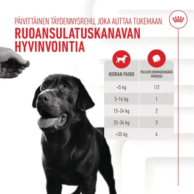 Ruokintaohje: koiran paino <5 kg 1/2 palaa, 5–14 kg 1 pala, 15–24 kg 2 palaa, 25–34 kg 3 palaa, >35 kg 4 palaa päivässä. Ruoansulatuskanavan hyvinvointia tukeva täydennysrehu.