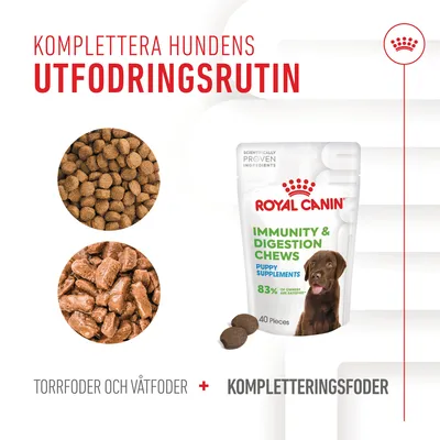 Royal Canin Immunity & Digestion Chews Puppy Supplements, 40 bitar. Text: Komplettera hundens utfodringsrutin. Torrfoder och våtfoder + kompletteringsfoder. 83 % nöjda ägare.