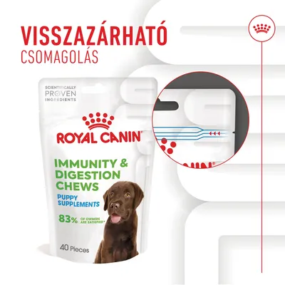 Royal Canin Immunity & Digestion Chews Puppy Supplements, visszazárható csomagolás, 40 darab, 83% of owners are satisfied, SCIENTIFICALLY PROVEN INGREDIENTS felirattal