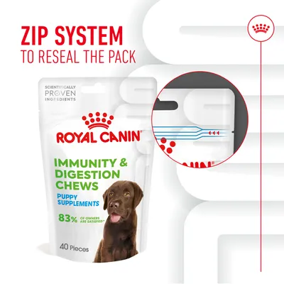 Immunity and digestion chews with zip system to reseal the pack, showing supplement packaging and a close-up of the resealable feature. Contains 40 pieces, 83% owner satisfaction.