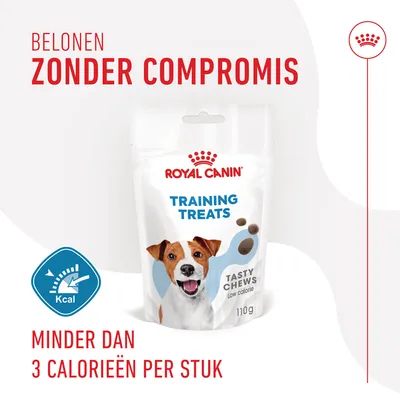 Royal Canin Training Treats Tasty Chews 110g, minder dan 3 calorieën per stuk, belonen zonder compromis, low calorie, blauwe kcal-icoon zichtbaar.