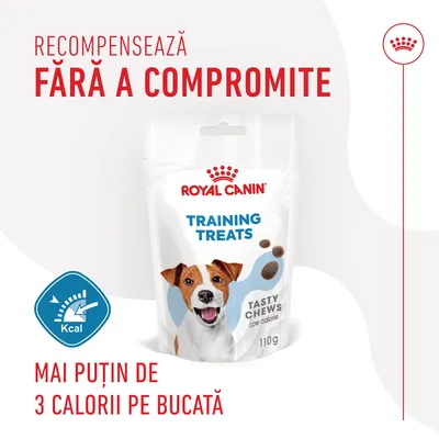 ROYAL CANIN Training Treats Tasty Chews Low Calorie 110g, recompense pentru câini, mai puțin de 3 calorii pe bucată. Text: Recompensează fără a compromite.