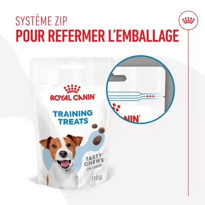ROYAL CANIN Training Treats Tasty Chews Low calorie 110 g, système zip pour refermer l’emballage visible en détail, texte en français sur l’image.