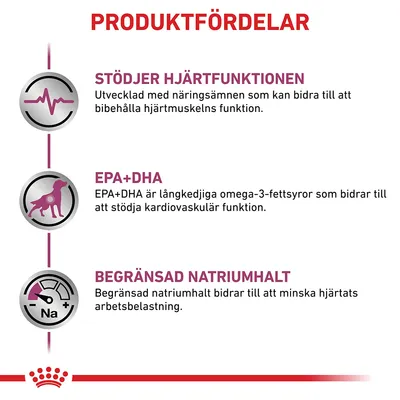 PRODUKTFÖRDELAR: Stödjer hjärtfunktionen, EPA+DHA för kardiovaskulär funktion, begränsad natriumhalt minskar hjärtats arbetsbelastning. All text på svenska.