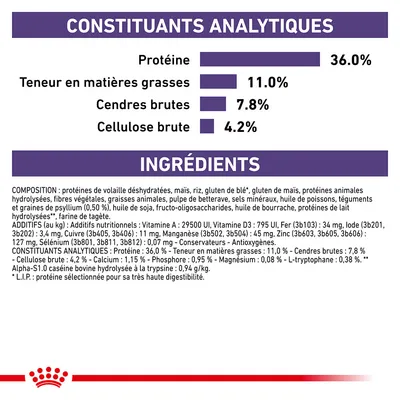 Constituants analytiques : protéines 36 %, matières grasses 11 %, cendres brutes 7,8 %, cellulose brute 4,2 %. Ingrédients et additifs listés en détail pour alimentation animale.