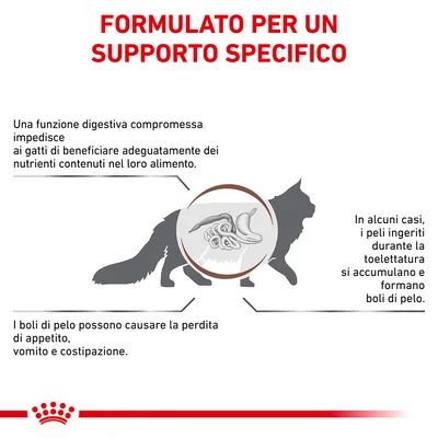 FORMULATO PER UN SUPPORTO SPECIFICO. Una funzione digestiva compromessa impedisce ai gatti di beneficiare dei nutrienti. I boli di pelo causano perdita di appetito, vomito e costipazione.