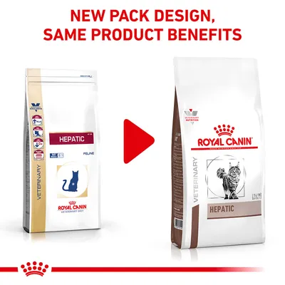 Image shows new pack design for Royal Canin Hepatic veterinary diet with the same product benefits, displaying old and new packaging side by side.