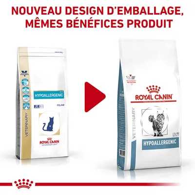 Comparaison de l’ancien et du nouveau design d’emballage Royal Canin Hypoallergenic pour chats, texte : Nouveau design d’emballage, mêmes bénéfices produit.