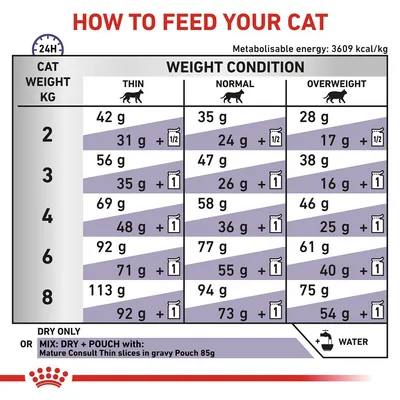 Feeding guide chart for cats by weight and condition, showing daily dry food amounts or mixed feeding with pouches. Includes instructions to add water and mentions metabolizable energy 3609 kcal/kg.