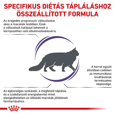 SPECIFIKUS DIÉTÁS TÁPLÁLÁSHOZ ÖSSZEÁLLÍTOTT FORMULA. Az öregedés progresszív változásokat okoz a macskák testében. A korral csökken az immunválasz kiváltásának képessége.