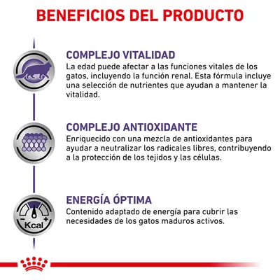 Beneficios del producto: Complejo vitalidad, complejo antioxidante y energía óptima para gatos maduros. Incluye nutrientes para vitalidad, antioxidantes y contenido energético adaptado.