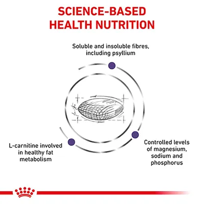 Science-based health nutrition with soluble and insoluble fibres including psyllium, L-carnitine for healthy fat metabolism, and controlled magnesium, sodium and phosphorus levels.