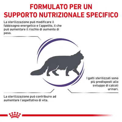 FORMULATO PER UN SUPPORTO NUTRIZIONALE SPECIFICO. La sterilizzazione può modificare il fabbisogno energetico, aumentare il rischio di peso e calcoli urinari, contribuire ad aumentare l’aspettativa di vita.