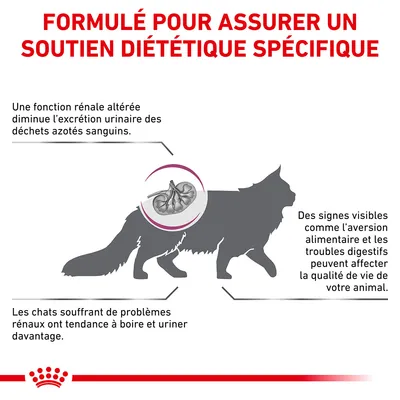 Formulé pour assurer un soutien diététique spécifique. Fonction rénale altérée, signes visibles comme aversion alimentaire et troubles digestifs, chats boivent et urinent plus.