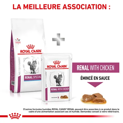 ROYAL CANIN VETERINARY RENAL SPECIAL croquettes et sachet RENAL WITH CHICKEN émincé en sauce pour chat, association recommandée visible sur l’image.