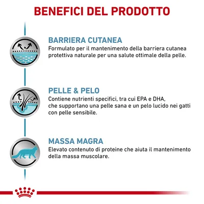 BENEFICI DEL PRODOTTO: barriera cutanea, pelle & pelo, massa magra. Descrizioni: supporto barriera cutanea, nutrienti per pelle e pelo sani, proteine per mantenimento massa muscolare.
