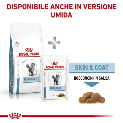 Royal Canin Veterinary Skin & Coat per gatti, disponibile anche in versione umida. Confezione secca e bustina umida visibili, testo: SKIN & COAT, bocconcini in salsa.