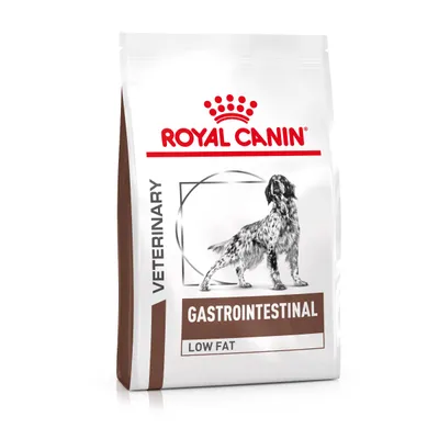 Royal Canin VETERINARY GASTROINTESTINAL LOW FAT kutyatáp csomagolás, fekete-fehér kutya illusztrációval