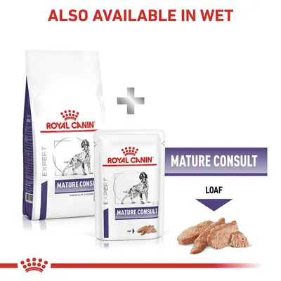 Mature Consult food shown in dry and wet loaf forms, with text stating 'Also available in wet' and highlighting the product as 'Mature Consult Loaf'.