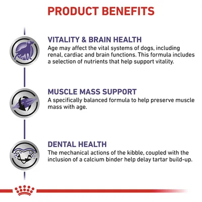 Product benefits: supports vitality and brain health, helps preserve muscle mass with age, and aids dental health by delaying tartar build-up through kibble action and calcium binder.
