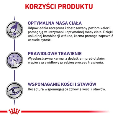Korzyści produktu: optymalna masa ciała, prawidłowe trawienie, wspomaganie kości i stawów. Opisy dotyczą receptury karmy dla psów.
