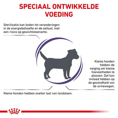 Speciaal ontwikkelde voeding. Sterilisatie kan leiden tot gewichtstoename. Kleine honden hebben sneller last van tandsteen en plassen kleine hoeveelheden, wat invloed heeft op urinewegen.