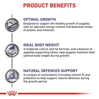 Product benefits: optimal growth with balanced protein and minerals, ideal body weight with moderate calories and fibres, natural defences support with antioxidants and prebiotics.