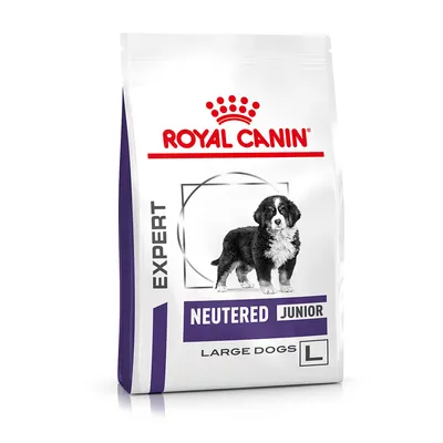 Opakowanie karmy Royal Canin Expert Neutered Junior Large Dogs L z wizerunkiem psa i widocznymi napisami na froncie.
