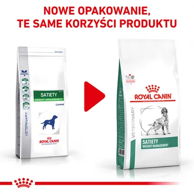 Porównanie starego i nowego opakowania karmy Royal Canin Satiety Weight Management dla psów. Widoczny napis: Nowe opakowanie, te same korzyści produktu.
