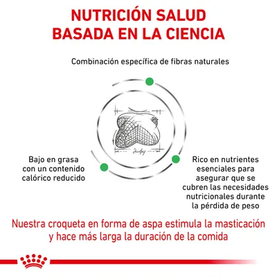 Nutrición salud basada en la ciencia. Combinación específica de fibras naturales. Bajo en grasa con un contenido calórico reducido. Rico en nutrientes esenciales. Croqueta en forma de aspa.