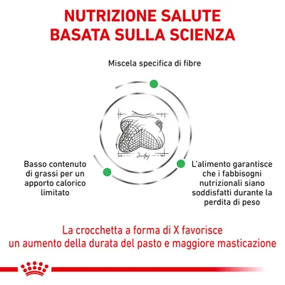 Nutrizione salute basata sulla scienza. Miscela specifica di fibre. Basso contenuto di grassi per un apporto calorico limitato. L’alimento garantisce fabbisogni soddisfatti durante la perdita di peso. La crocchetta a forma di X favorisce maggiore masticazione.