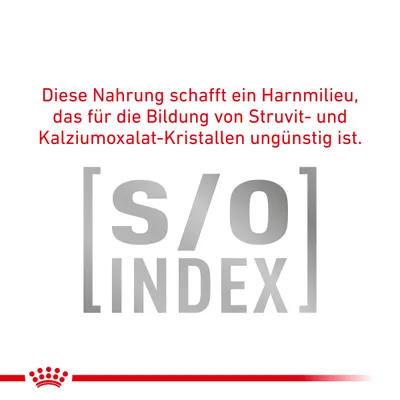 Diese Nahrung schafft ein Harnmilieu, das für die Bildung von Struvit- und Kalziumoxalat-Kristallen ungünstig ist. S/O Index.