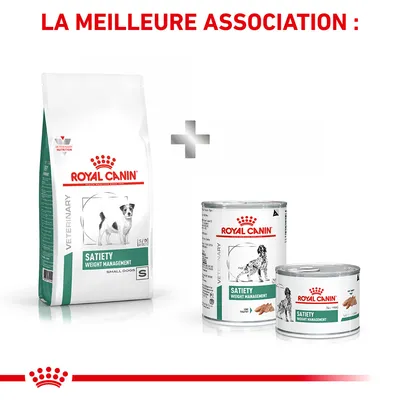 Royal Canin Satiety Weight Management pour chiens : un sac de croquettes Small Dogs et deux boîtes de pâtée. Texte visible : LA MEILLEURE ASSOCIATION.